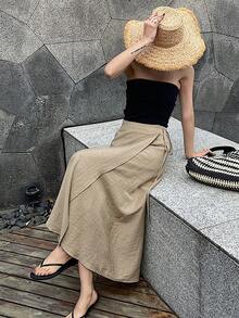 女士系带纯色休闲度假连衣裙 - 卡其色 - 查看 2