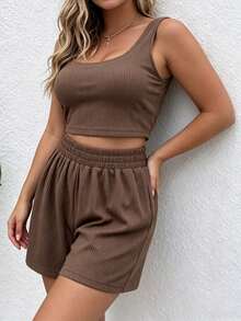 Plus Size Women Casual Vacation Style Cropped Tank Top And Shorts 2 Pieces Set - Brown - View 5