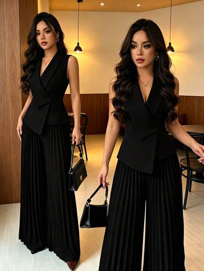 Elenzga 女士优雅通勤黑色翻领西装外套 + 女士优雅通勤黑色褶裥阔腿裤，春夏款