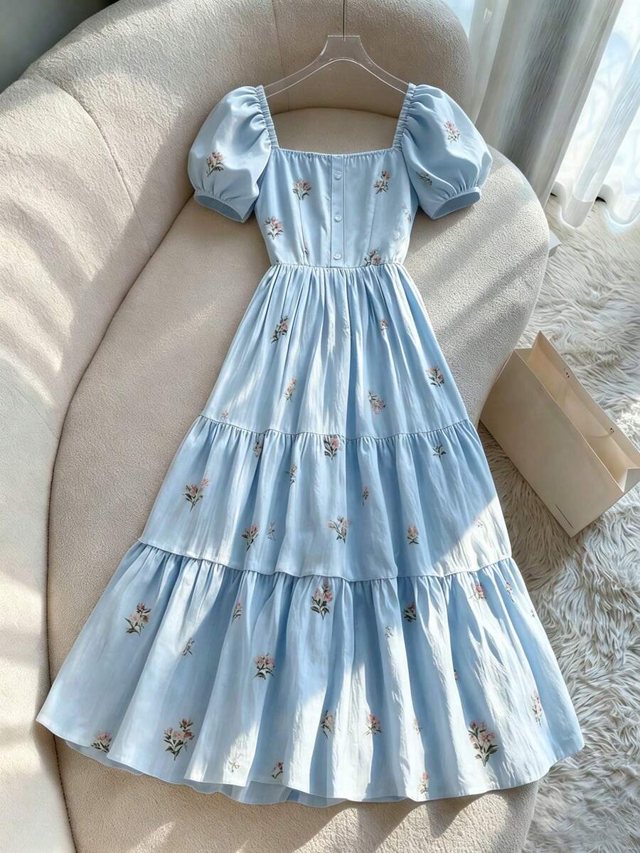 Franclia Delicate French Ditsy Floral Square Collar Puff Sleeve Single-Breasted Waist Ruffle Dress Design - Blue - View 1