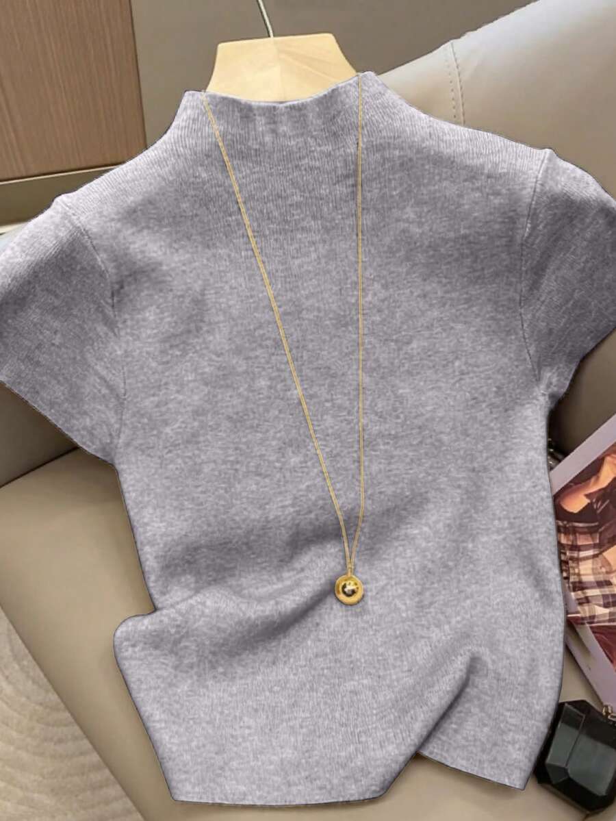 Resyla Women's Solid Color Stand Collar Short Sleeve Casual Knit Top - Light Grey - View 1