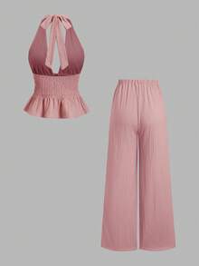 SHEIN Sweetro Bộ đồ nữ phong cách Bohemian màu mơ gồm áo hai dây cổ chữ V, dây mảnh đính sequin hình vỏ sò và quần ống rộng thoải mái, đa năng, thích hợp cho mùa xuân/hè. - Bụi hồng - Xem 2