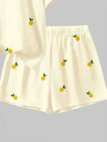 2pcs/Set Cream Yellow Retro Mini Lemon Print Contrast Collar Tween Girls Casual Short Sleeve T-Shirt And Shorts Set, Suitable For Spring/Summer Daily, Outing, Vacation, Holiday Wear - Multicolor - View 5