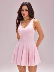 Sovereign Charm Casual Versatile White Sleeveless Backless Cross Design With Pocket Lining Slim Fit Sports Dress - Pink - View 4