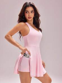 Sovereign Charm Casual Versatile White Sleeveless Backless Cross Design With Pocket Lining Slim Fit Sports Dress - Pink - View 5