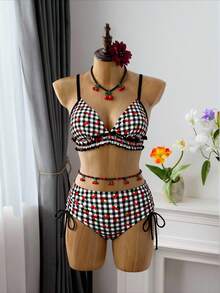 Swim Mod Plus Size Women's Swimwear, Sweet & Cute Beach Holiday Random Red Cherry Print Tie-Front Ruffle 2-Piece Set - Multicolor - View 7