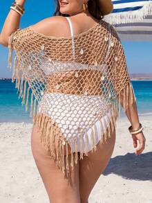 Swim Vcay Capa de talla grande con flecos de borla de concha hueca, estilo de vacaciones - Caqui - Ver 2