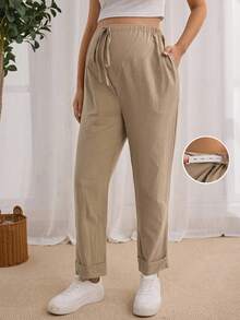GentleRue Maternity Schlichte einfarbige Umstandsmode hose mit Kordelzug für den täglichen Gebrauch - Khaki - Übersicht 3