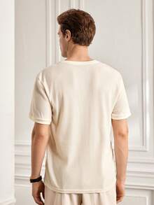 Officeau Camisa polo de manga corta con cuello henley, textura de gofre y unicolor casual para hombre, verano - Beis - Ver 2