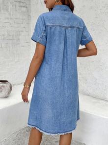 SHEIN Maternity Dusky Blue Summer Casual Denim Dress,Single-Breasted Button Front Light Wash Jeans Dress With Pocket,Rolled Cuffs And Frayed Hem For Women - Blue - View 2
