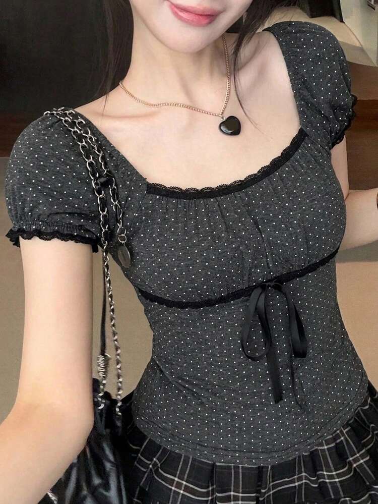 Spring & Summer Polka Dot Print Black Contrast Color Front Tie Knot Design Splice Elegant Music Festival Short Sleeve Women T-Shirt