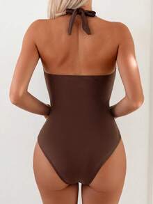 Bonvoyette 1pc Women's Solid Color Casual Vacation Jumpsuit Swimsuit - Coffee Brown - View 2
