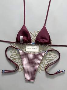 Swim Vcay Bộ bikini hai mảnh gợi cảm màu đỏ trắng kẻ caro buộc dây cổ, đính hạt cườm xanh, thích hợp cho kỳ nghỉ xuân/hè 2026. - Nhiều màu - Xem 2