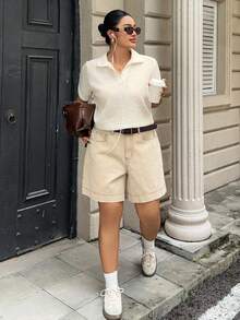 Dazy Plus 大码女式夏季 Polo 领短袖宽松休闲 T 恤，度假风 - 杏色 - 查看 4