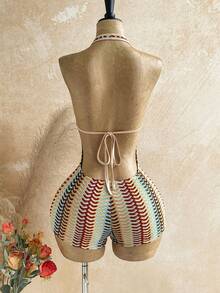 SHEIN WYWH Mono sexy con cuello en V profundo, frente con lazo y rayas para vacaciones de mujer - Multicolor - Ver 2