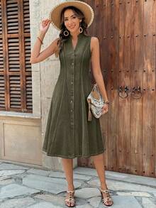 Faunlyn Women's Summer Geometric Pattern Print Round Neck Short-Sleeve Dress - Army Green - View 7