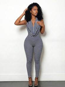 SHEIN BamGlam Mono de mujer con cuello drapeado a rayas - Azul Marino - Ver 4