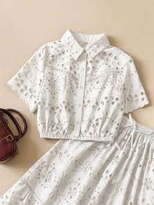 Muvela Women's Elegant Summer White Floral Hollow Embroidered Shirt,Short Sleeve Button Front Elastic Waist Top,Holiday Vacation Vintage Academic Style - White - View 3