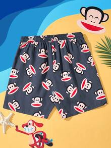 Paul Frank X SHEIN Quần short đi biển cạp rút họa tiết khỉ dành cho nam, mùa hè, phong cách Hawaii - Màu xám đen - Xem 2