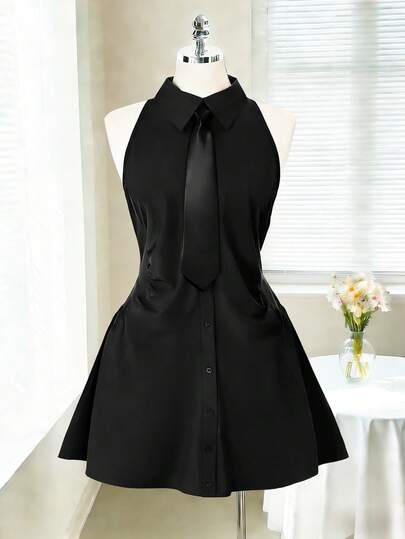 Rometta Plus Size Elegant Waist Slimming Ruched Cinched Waist Sleeveless Shirt Dress, Suitable For Commuting And Outings