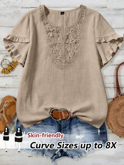 EMERY ROSE 女士加大码梭织休闲夏季波西米亚风衬衫