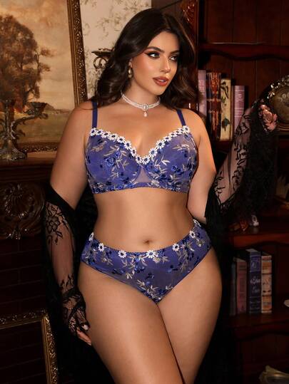 Divavoom 2件套加大码女士刺绣时尚钢圈文胸套装