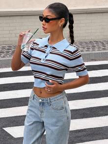 SHEIN Muchic Striped Multicolor Pattern Half-Zip Casual Versatile Short Sleeve Knit Top - Multicolor - View 5