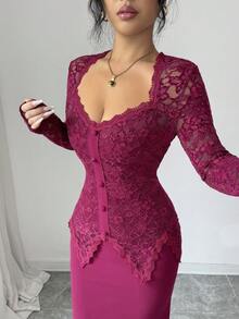 Modelyn Square Neck Lace Patchwork Button Waist Fitted Midi Dress For Women - Hot Pink - View 8