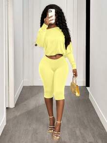 BamGleam Bộ đồ gợi cảm gồm áo crop top tay dài tay, cổ bất đối xứng, eo thon và quần dài. - Vàng nhạt - Xem 6