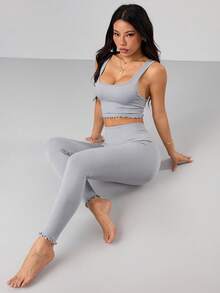 SHEIN Sports Women's Yoga Sports Top And Pants Set; Ribbed Floral Lace Trim Short Knit Tank Top; Comfortable Outer Wear Running Fitness Tank Top - Grey - View 5