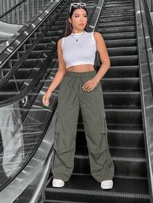 Plus Size Women Solid Color Casual Versatile Drawstring Waist Cargo Pants - Khaki - View 7