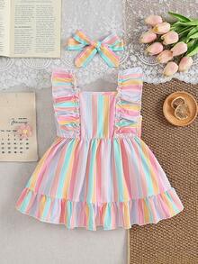 SHEIN Đầm không tay in sọc cầu vồng cho bé gái, có bèo nhún ở gấu, chất vải nhăn mềm mại, kiểu dáng giản dị, dễ thương, thanh lịch, đa năng cho các dịp xuân/hè như đi chơi, đi học, công viên, du lịch, tiệc tùng. - Nhiều màu - Xem 2