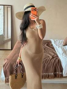 SHEIN Holidaya 新款性感比基尼，休闲日常沙滩装，无袖极简针织度假连衣裙，优雅休闲风，渔网纹理，法式性感女孩风，波西米亚风，百搭高端女士毛衣连衣裙 - 駝色 - 查看 9
