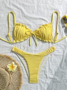 SHEIN Swim Mod Bộ bikini 2 mảnh vải dệt họa tiết, xếp ly phía trước, thắt nơ ở eo, kiểu dáng dễ thương, ngọt ngào, thời trang, năng động, thích hợp cho các bữa tiệc. - Màu vàng - Xem 2