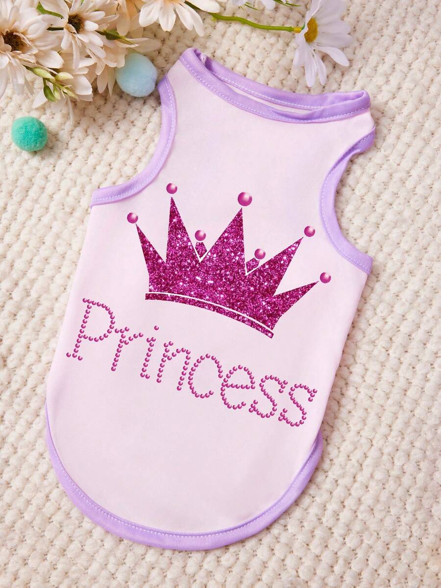1件皇冠字母印花宠物背心 紫色 粉色 休闲风格 柔软透气 防掉毛宠物衣服 - 彩色 - 查看 1