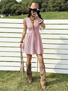 SHEIN EZwear 深V领收腰无袖条纹女士迷你连衣裙 - 紅色 - 查看 4