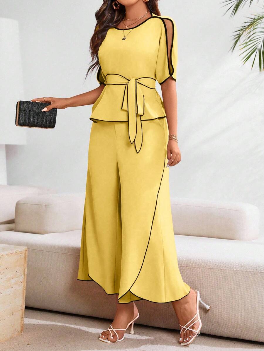 EMERY ROSE Elegant Women's Color Block Minimalist 2 Pieces Set For Daily Wear - Yellow - View 1