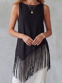 EMERY ROSE Fringe Asymmetrical Hem Tank,Sleeveless Tops - Black - View 3