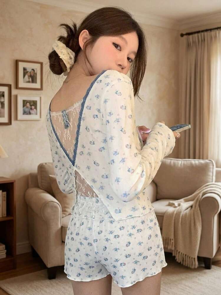 2pcs Sweet Floral Lace Patchwork V-Neck Long Sleeve Crop Top And Shorts Pajama Set For Women, Summer