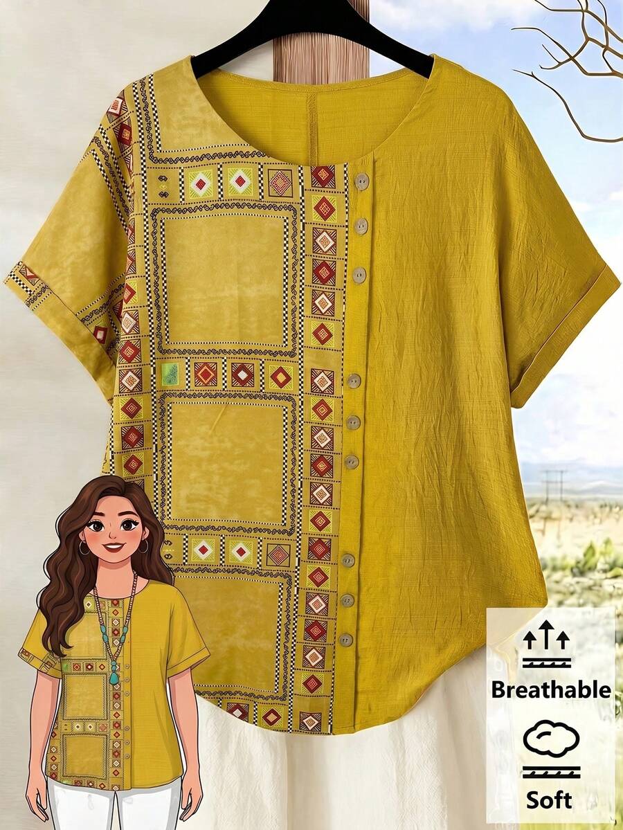 Rusticease 大码女式几何图案短袖宽松休闲衬衫 - 黃色 - 查看 1