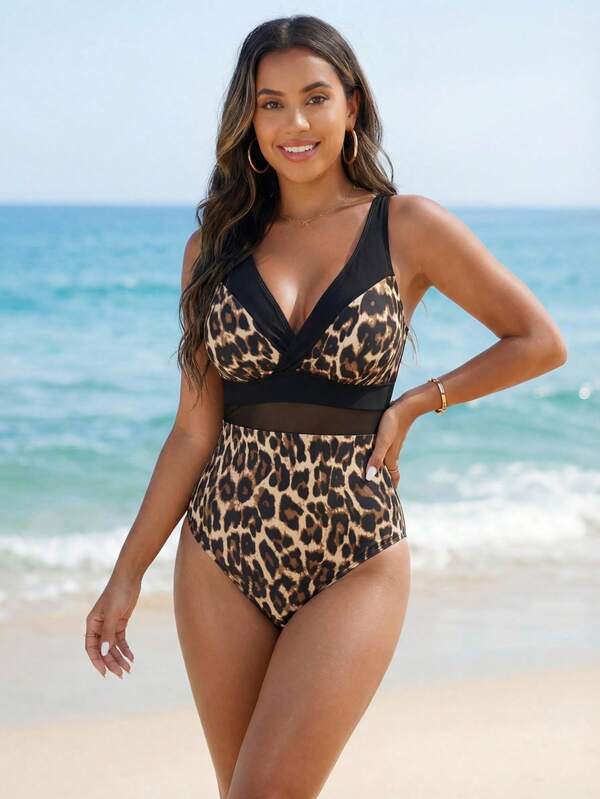 Breezaya 1pc Women's Leopard Print One-Piece Swimsuit For Beach Holiday For Summer Beach Vacation