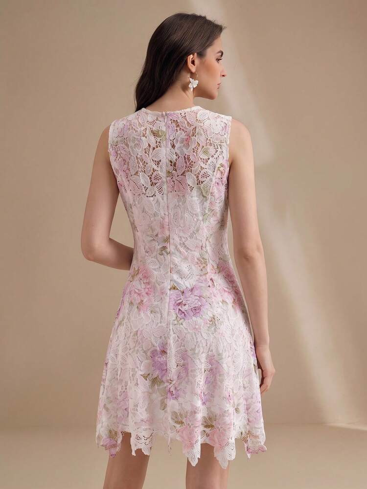 Women's Romantic Water-Soluble Floral Hollow Embroidery Fresh Floral Print Short Sleeveless Asymmetrical Hem Dress