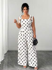 Elenzga Plus Size Women's Elegant Polka Dot Print Tie-Front Jumpsuit, Summer - Black and White - View 6