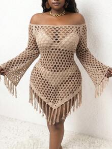 Slaydiva Cubrecuerpo de punto con hombros descubiertos y flecos para tallas grandes - Caqui - Ver 6