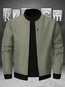 Manfinity Homme Men's Contrast Color Minimalist Casual Long Sleeve Jacket - Khaki - View 4