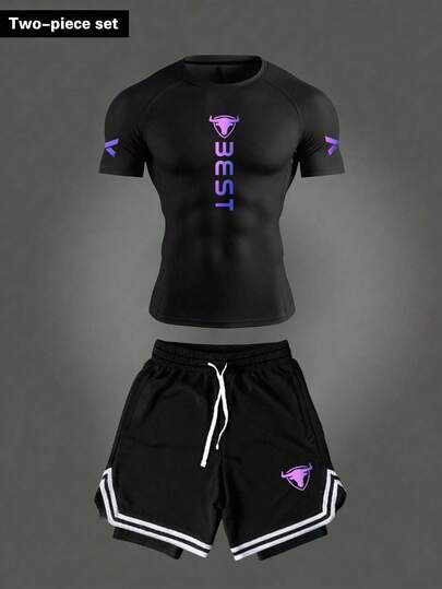 Manfinity Sport Corelite Men's Letter Print Raglan Sleeve T-Shirt And Shorts Sports Suit