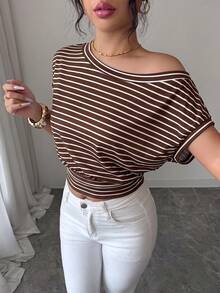 SHEIN Elenzya Asymmetric Waist Hem Oblique Shoulder Elegant Office Lady T-Shirt - Multicolor - View 3