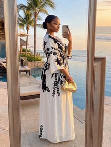 SHEIN Lady CURVE Đầm nữ cỡ lớn in họa tiết cây cỏ, xẻ tà, kiểu dáng thường ngày, thích hợp cho kỳ nghỉ. - Nhiều màu - Xem 2