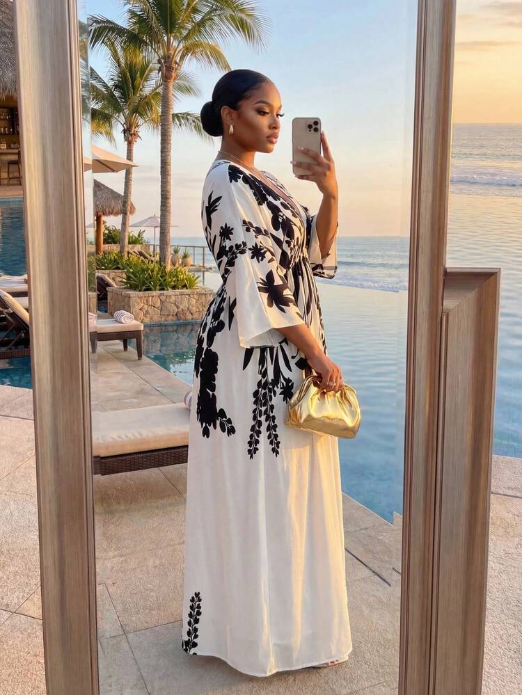SHEIN Lady CURVE Plus Size Women Vacation Plant Print Split Hem