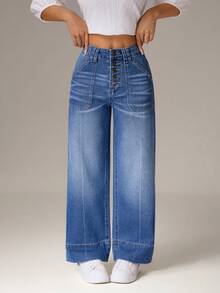 SHEIN PETITE 女士时尚百搭纽扣口袋直筒宽松牛仔裤 - 藍色 - 查看 7